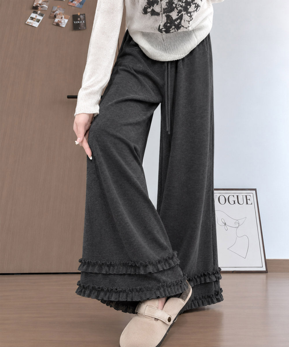 裾フリル ワイドパンツ フリルパンツ レディースボトムス ゆったり ロングパンツ 体型カバー 大人女子ガーリー おしゃれ ウエストゴム イージーパンツ 春秋冬 99YHFS-006