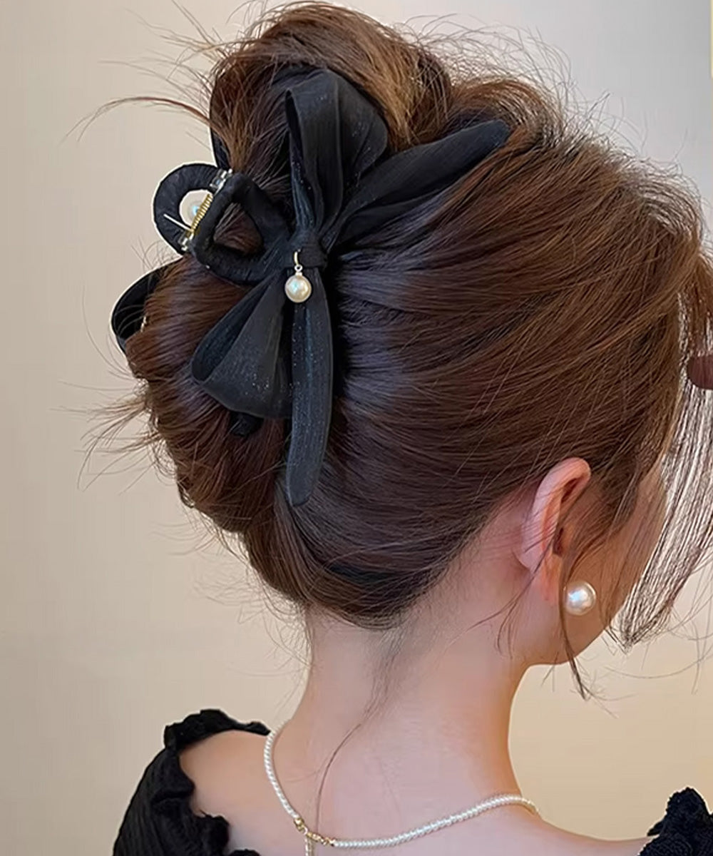 リボンヘアクリップ パール飾りレディース ブラック