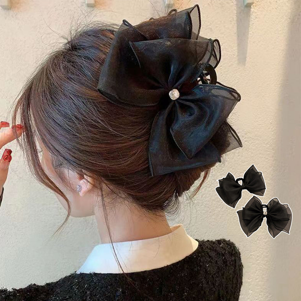 リボンヘアクリップ 大きめ黒 レディース 詳細画像1