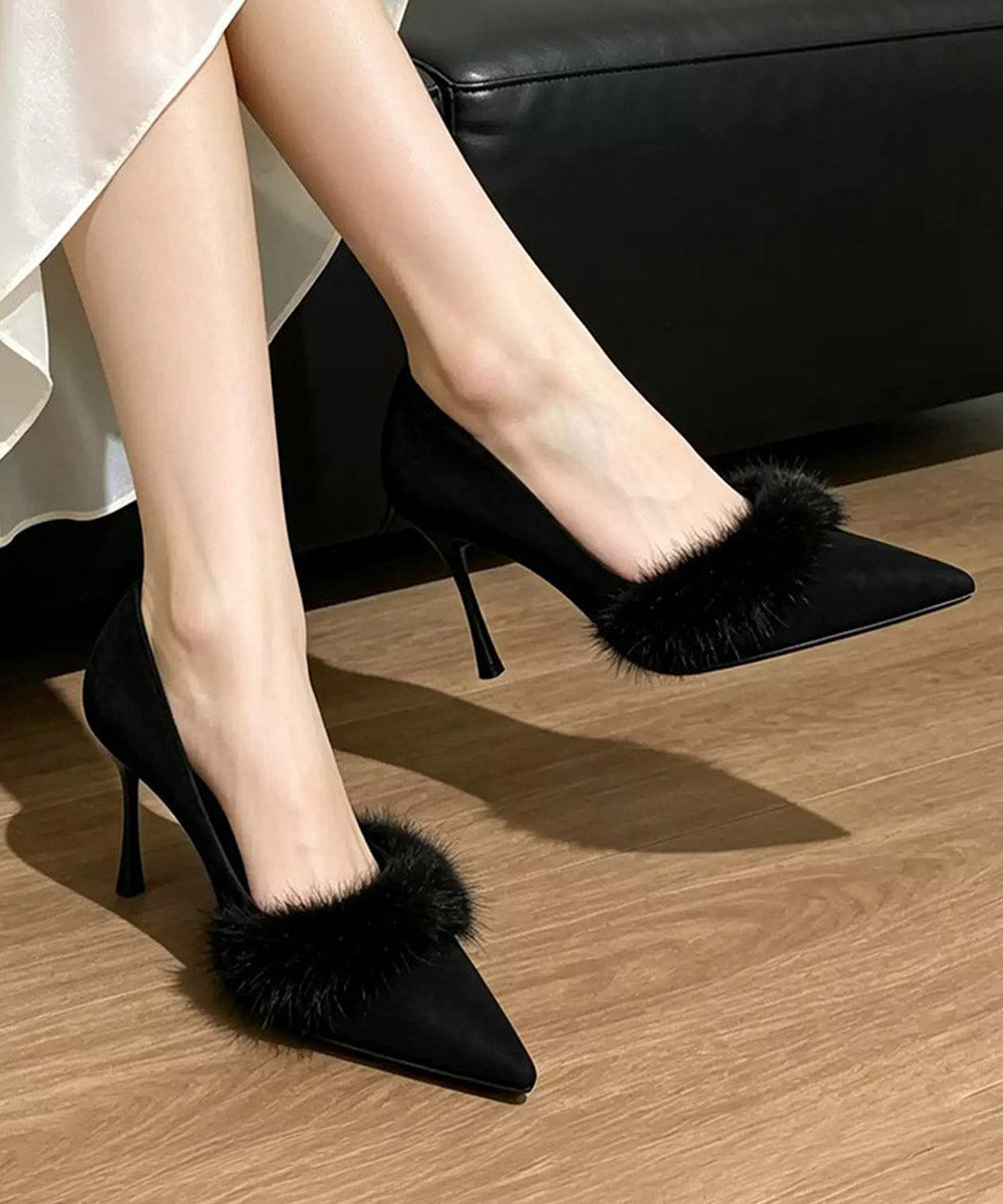 ファーポインテッドトゥパンプス 美脚靴黒