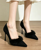 ファーポインテッドトゥパンプス 美脚靴黒