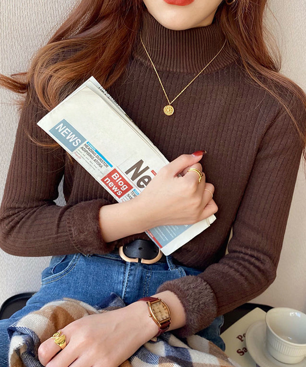 ニットトップス 裏起毛 ハイネック 厚手 詳細画像23