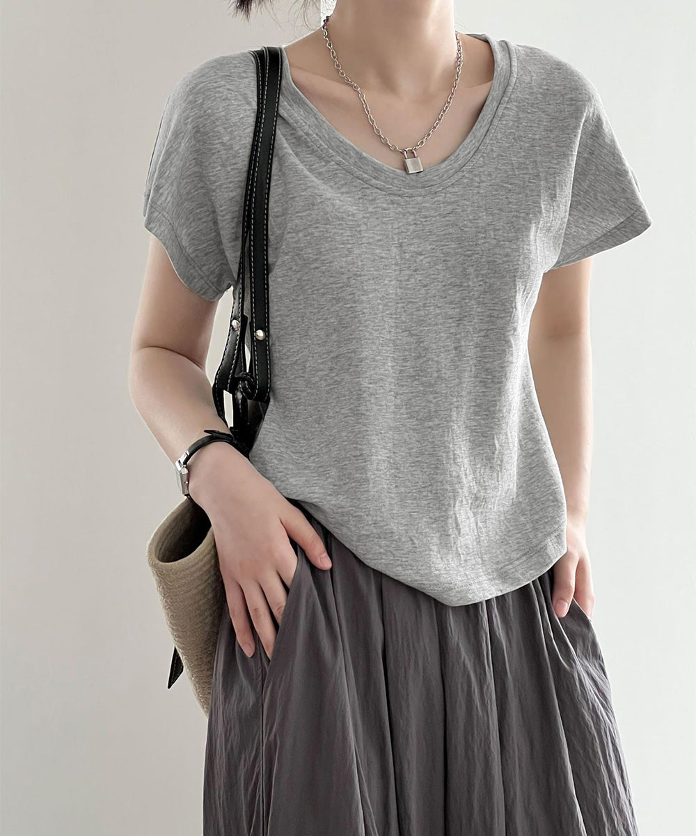 Uネックカットソー 韓国風 半袖Tシャツ グレー