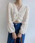 ブラウス Vネック レディース長袖 春夏 韓国風 ショート丈トップス パフスリーブ サマー シャツブラウス 日焼け対策 おしゃれ胸元ギャザー トップス きれいめ AMYX-86066