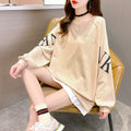 チュニックロンT 長袖 レディース韓国風 レイヤード風トップス おしゃれ ゆったりトレーナー 体型カバー 春秋服ストリート　重ね着風 スウェットカットソー ロゴT TIANCH-003