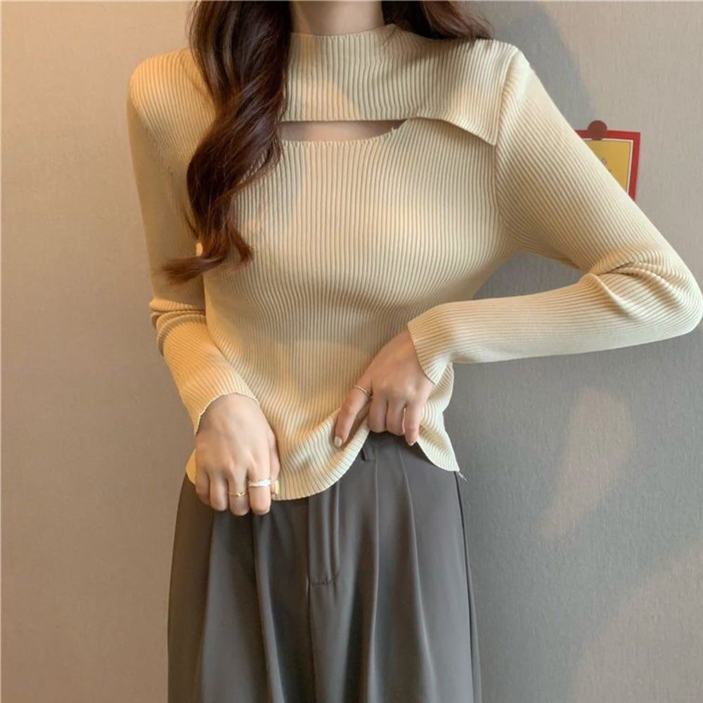 リブ ニットトップス プチハイネック秋冬 ベージュ