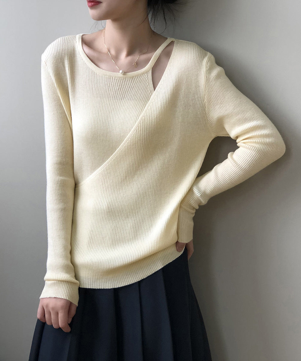 リブニットトップス カシュクール風 韓国 クリーム色