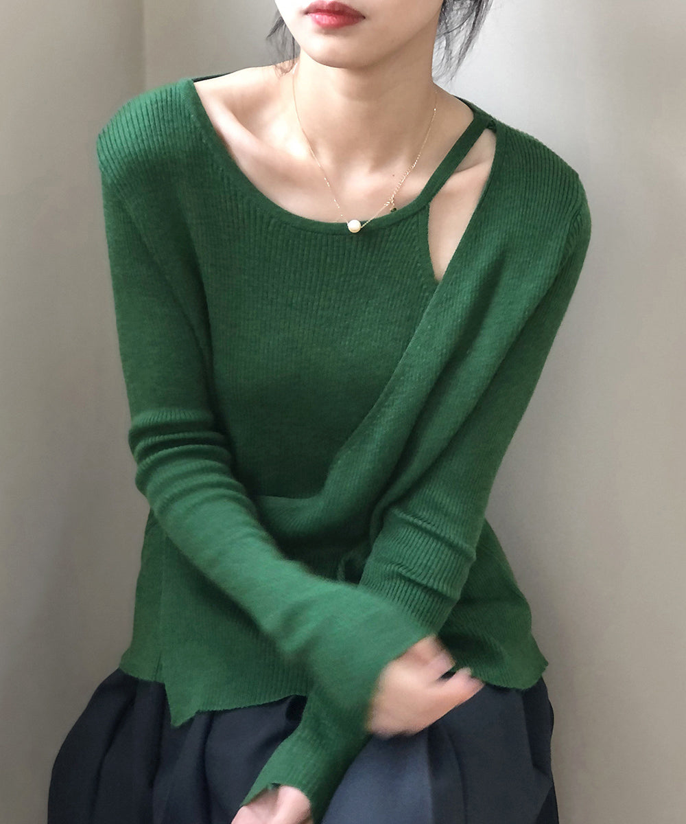 リブニットトップス カシュクール風 韓国 ダークグリーン