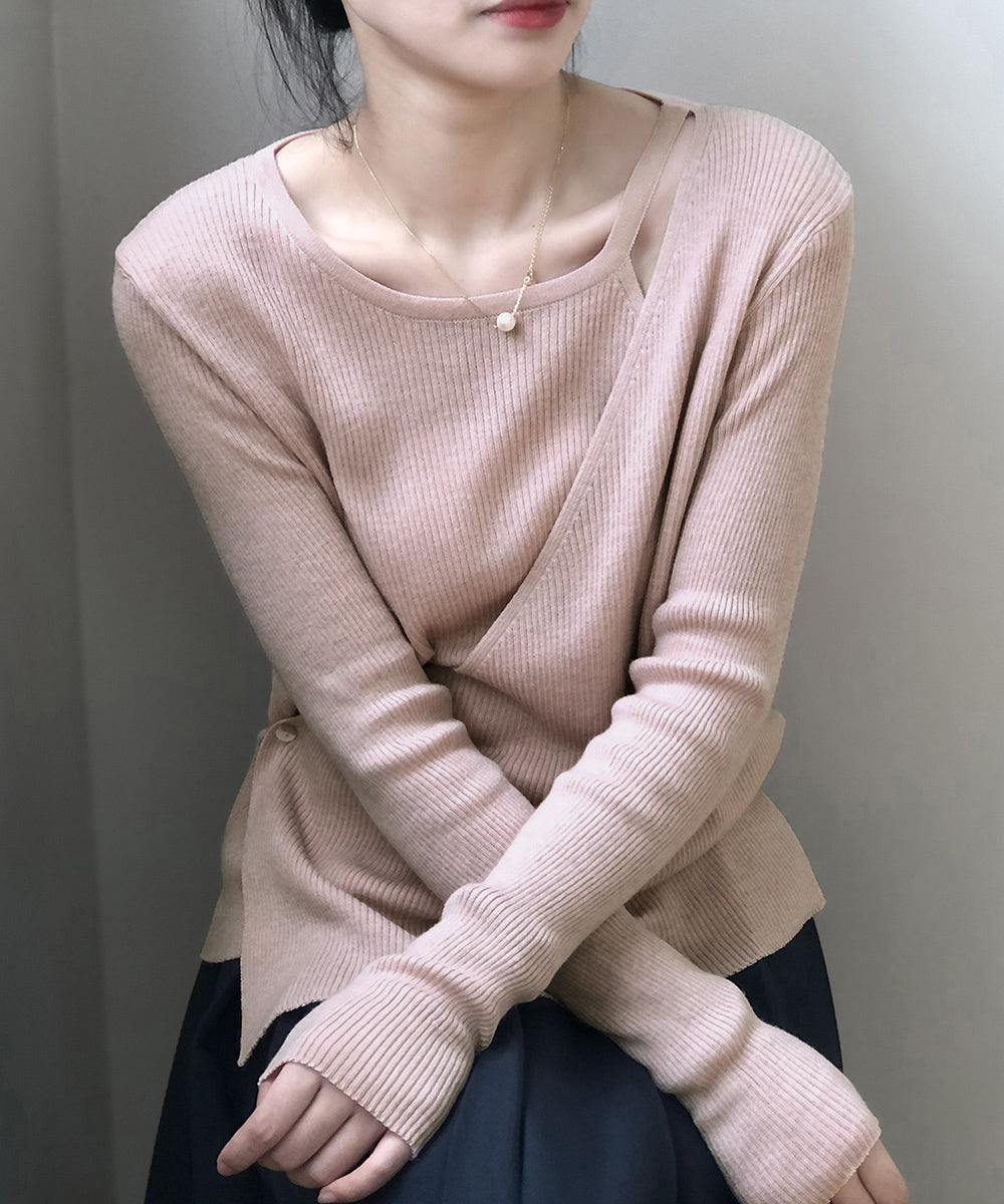 リブニットトップス カシュクール風 韓国 くすみピンク