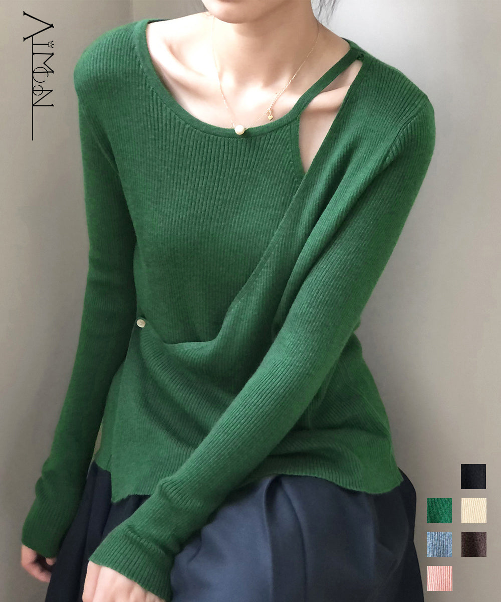 リブニットトップス カシュクール風 韓国 詳細画像1