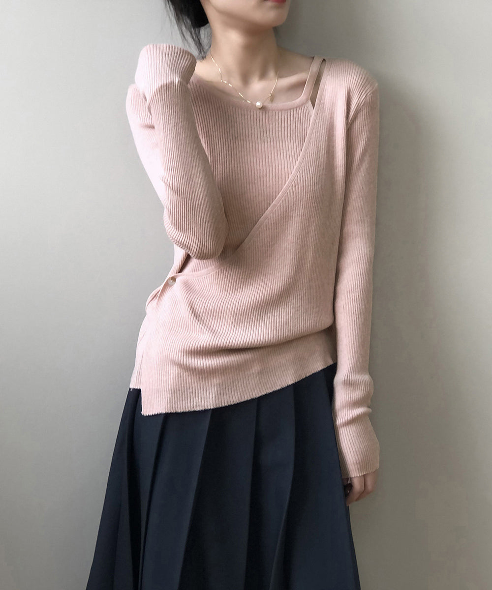 リブニットトップス カシュクール風 韓国 詳細画像10