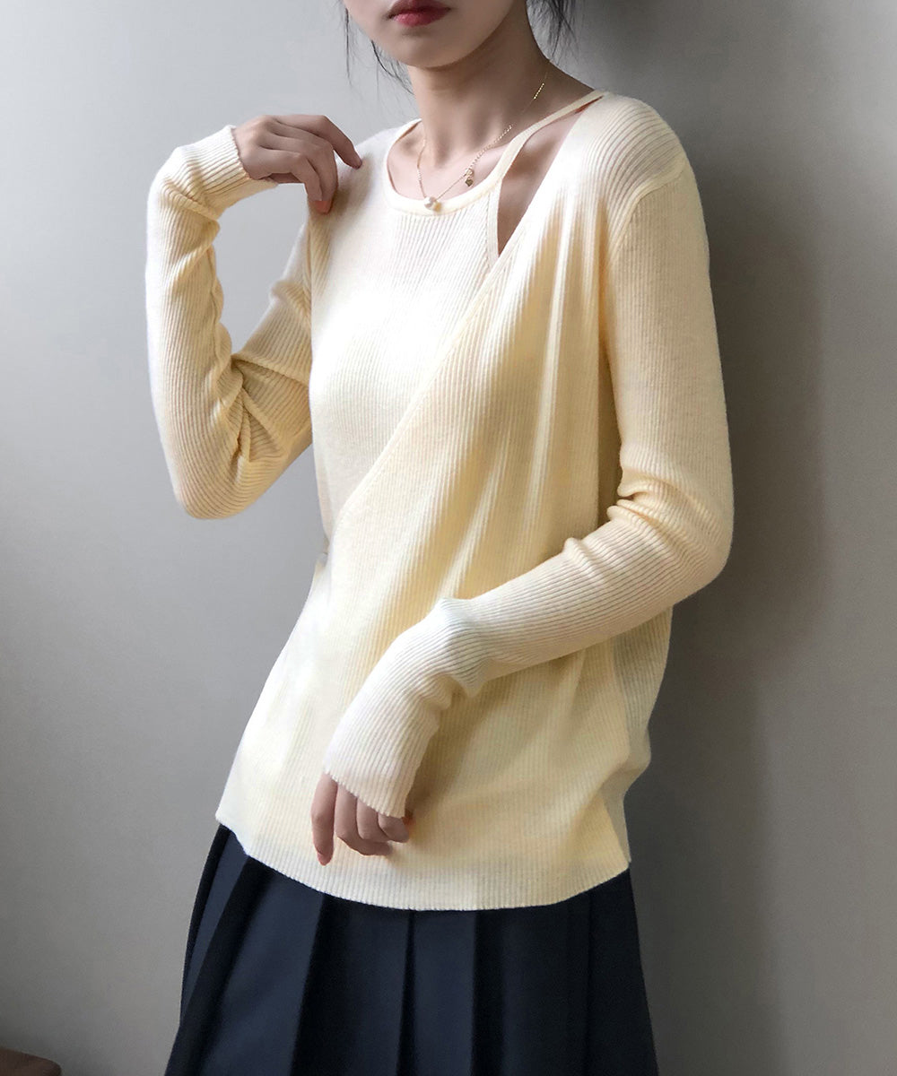 リブニットトップス カシュクール風 韓国 詳細画像5