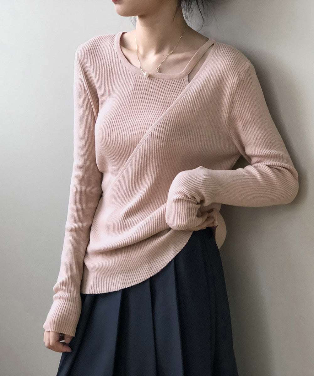 リブニットトップス カシュクール風 韓国 詳細画像8