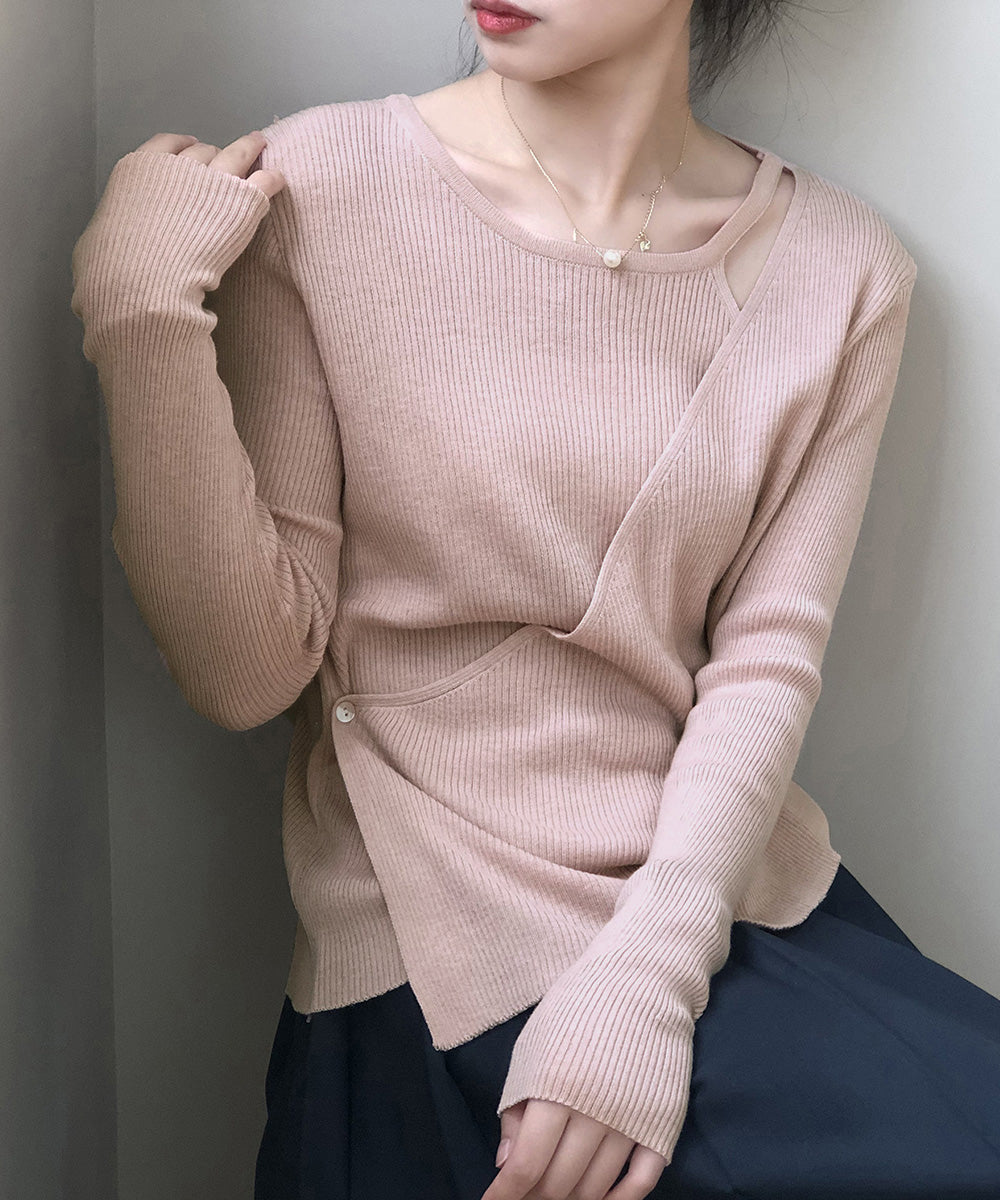 リブニットトップス カシュクール風 韓国 詳細画像9